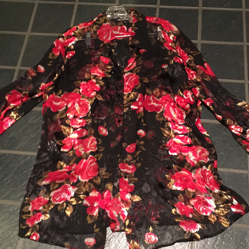 Elena Miro floral sheer button front blouse sz 14